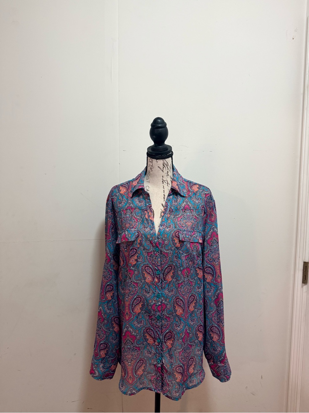 New York & Company Teal and Pink Paisley Button-Down Shirt